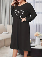 Women's Paw Heart Print Long Sleeve Nightdress