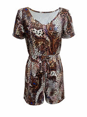 Leopard Print Drawstring Waist Romper Short Sleeve Jumpsuit