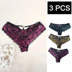 3 Pack Plus Size Sexy Panties Set Rhinestone Heart Ring Floral Lace Briefs