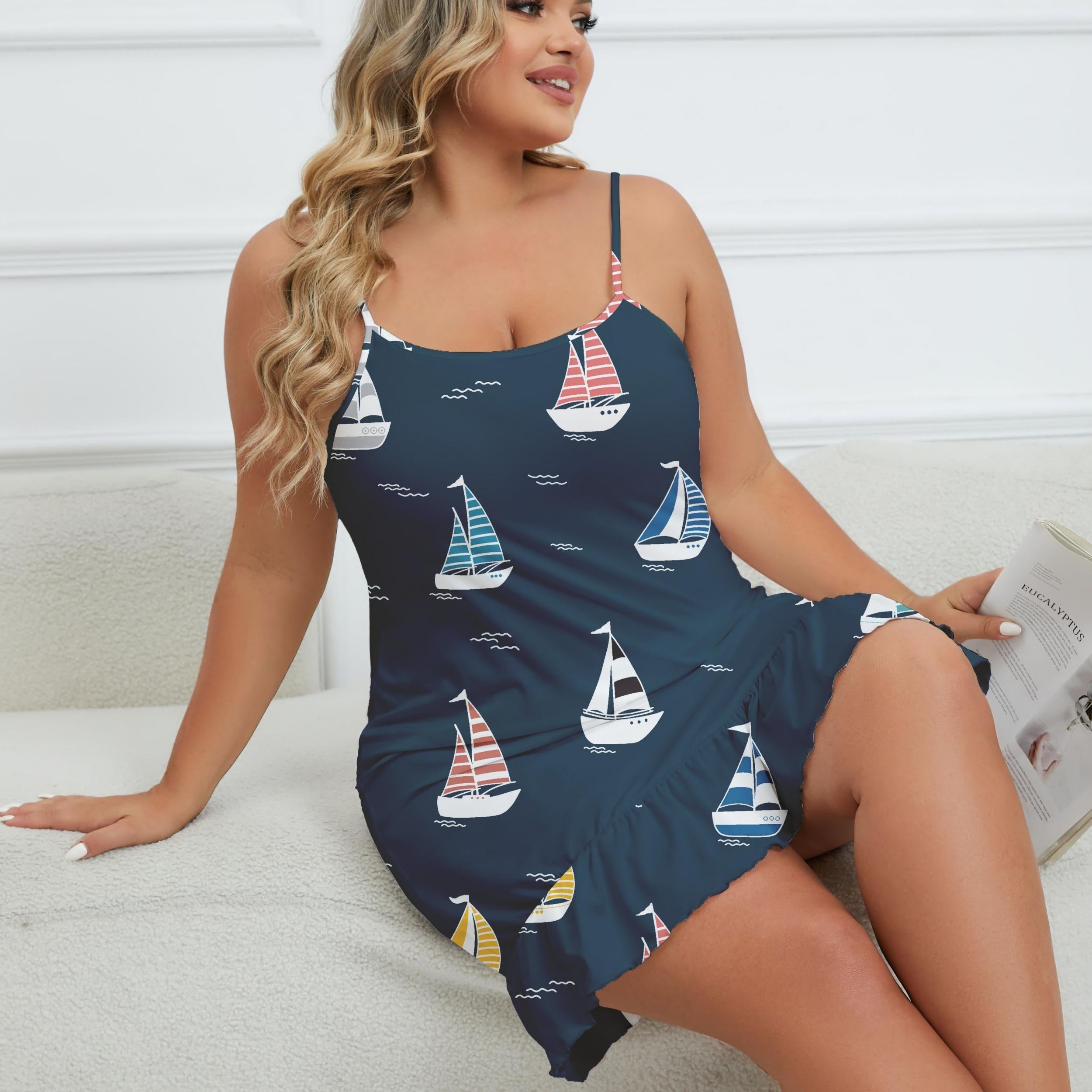 Cartoon Print Ruffle Trim Cami Sleep Dress