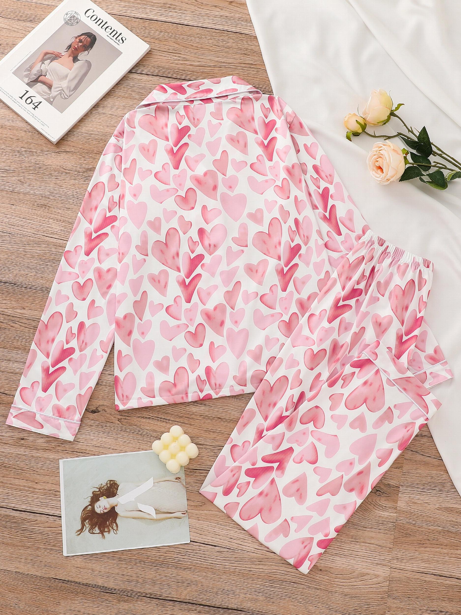 Heart Print Pajama Set Long Sleeve Buttons Top & Elastic Waistband Pants