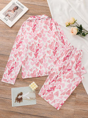 Heart Print Pajama Set Long Sleeve Buttons Top & Elastic Waistband Pants