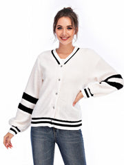 Striped Print Button Front Preppy Jacket V Neck Long Sleeve Outerwear