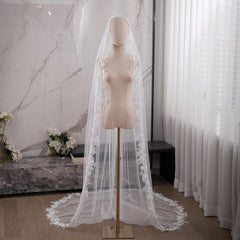 Vintage Romantic Court Style Bridal Veil with Floral & Pearl Embellishment