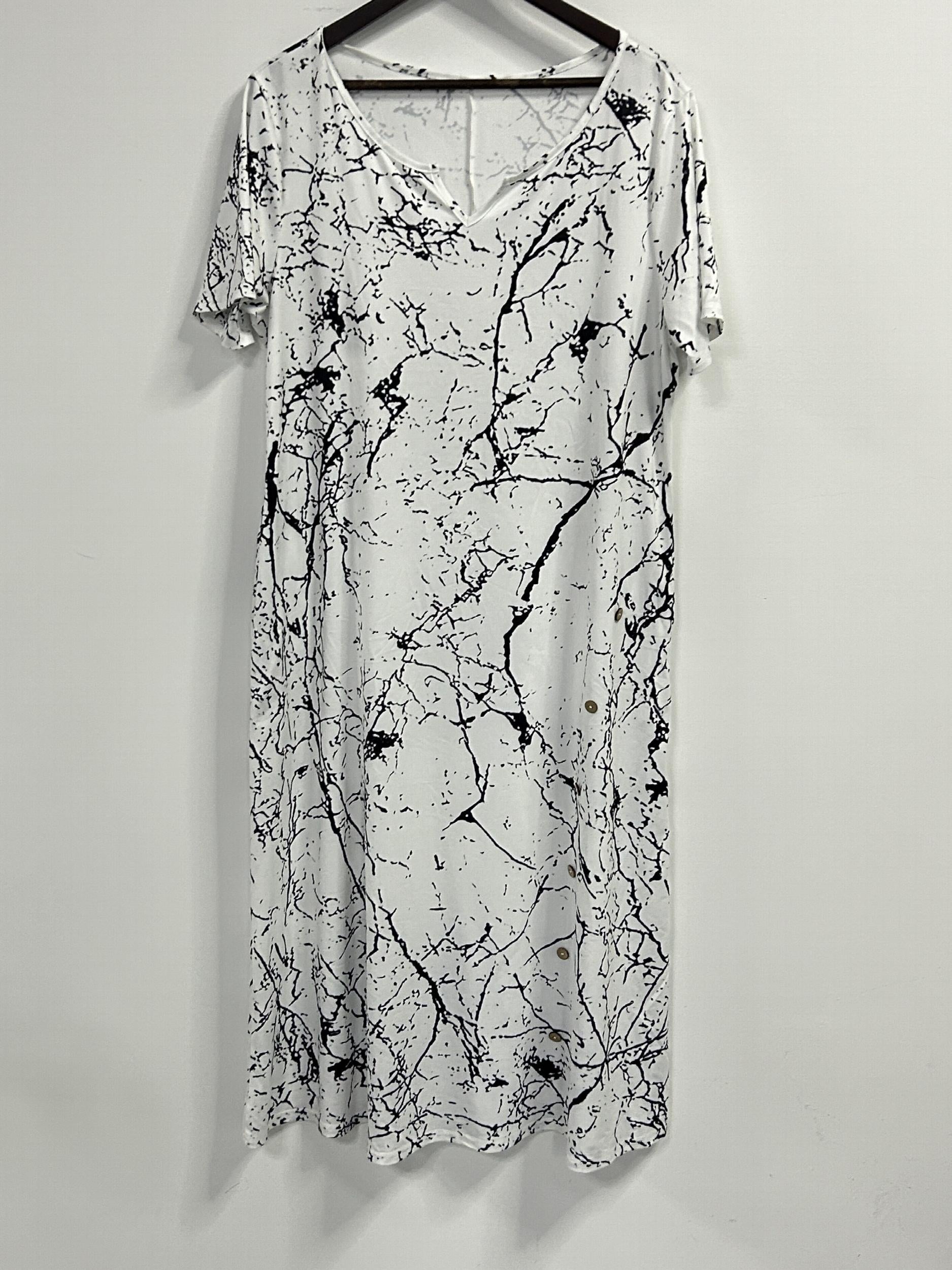 Marble Print Short Sleeve Midi Dress With Pockets