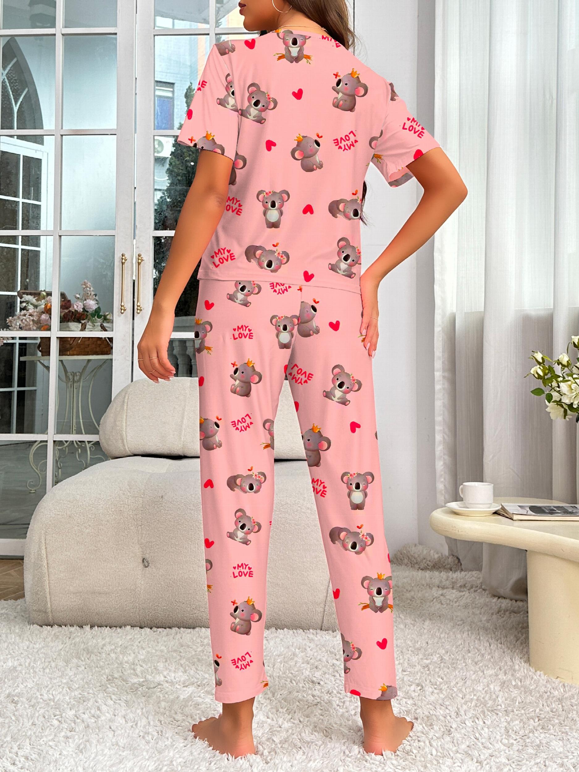 Koala Print Pajama Set Short Sleeve Top & Pants Women's Sleepwear