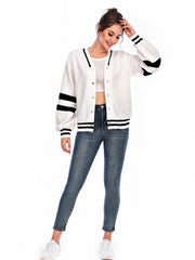 Striped Print Button Front Preppy Jacket V Neck Long Sleeve Outerwear