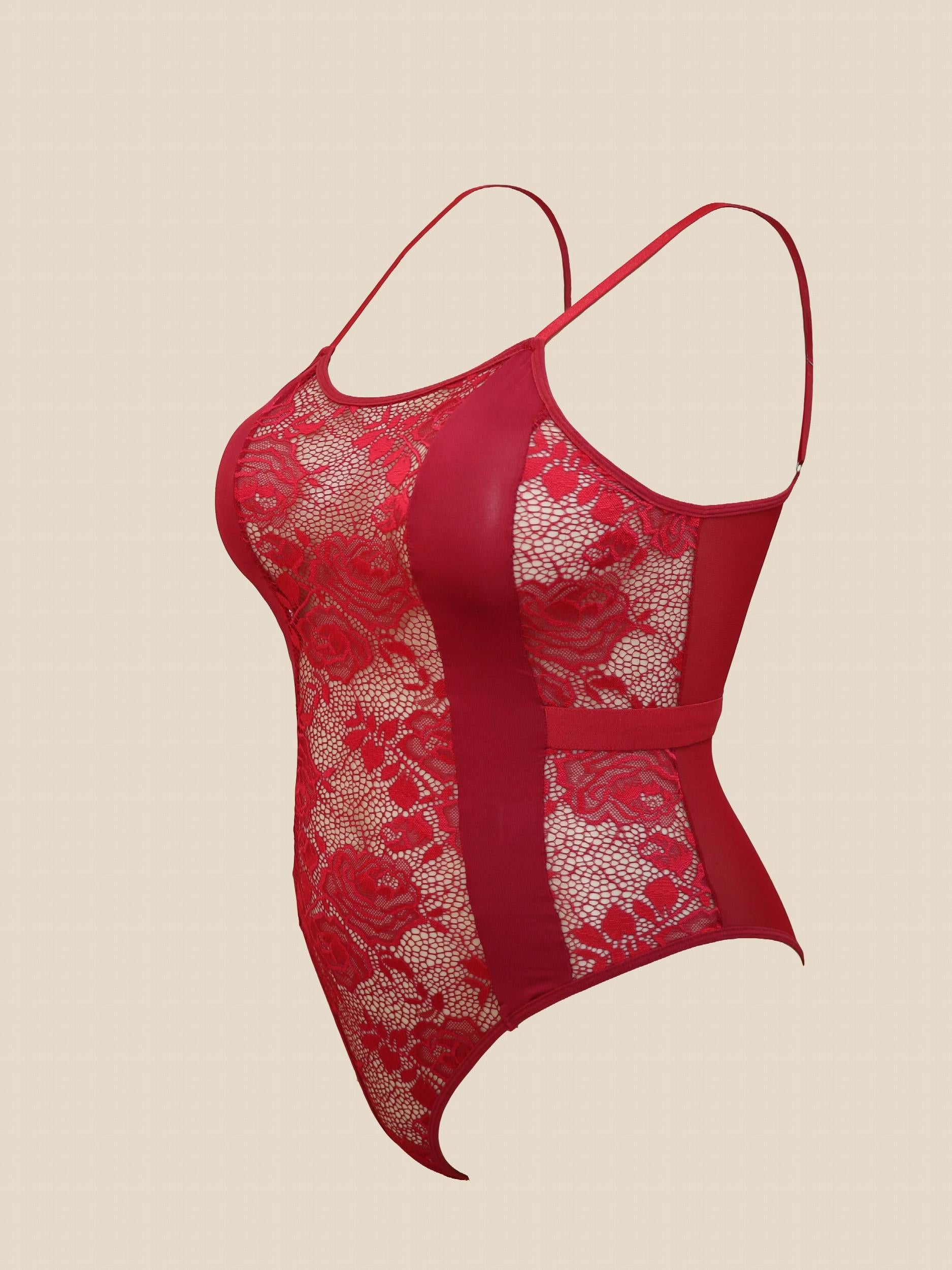 Plus Floral Mesh Striped Semi Sheer Cami Teddy Bodysuit