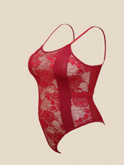 Plus Floral Mesh Striped Semi Sheer Cami Teddy Bodysuit
