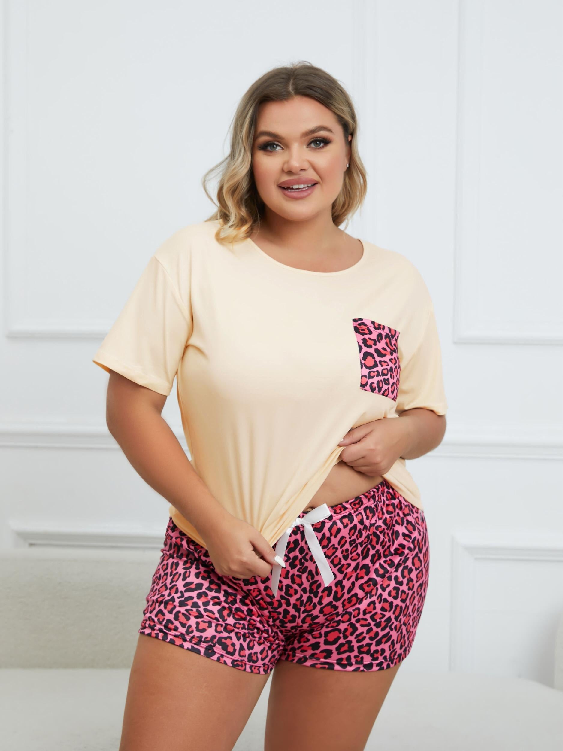 Leopard Print Tee & Bow Knot Shorts Pajama Set