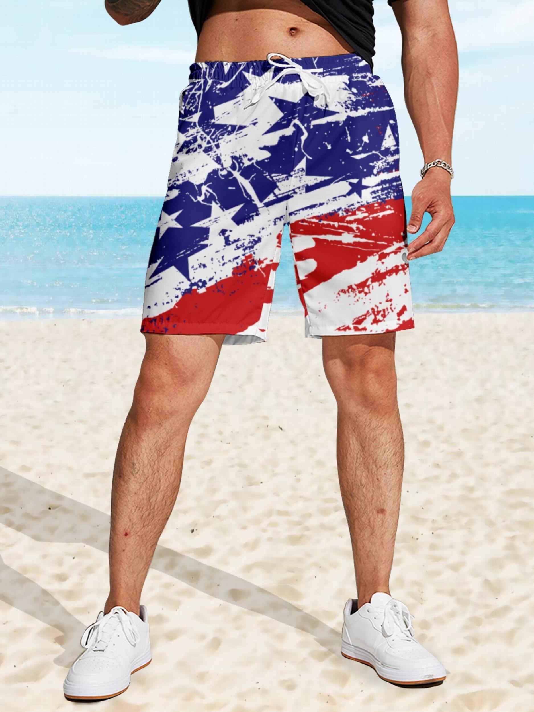 Star & Stripe Print Shorts - Drawstring Summer Beach Shorts