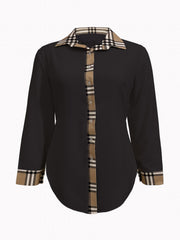 Colorblock Plaid Print Long Sleeve Button Up Lapel Collar Shirt