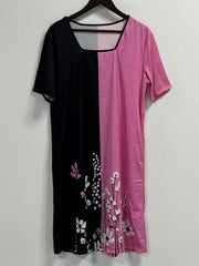 Colorblock Floral Print Short Sleeve Dress with Pockets