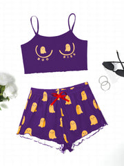 Ghost Print Pajama Set Crew Neck Cami Top & Shorts