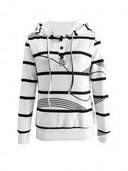 Stripe Print Drawstring Hoodie Button Front Long Sleeve Hoodies