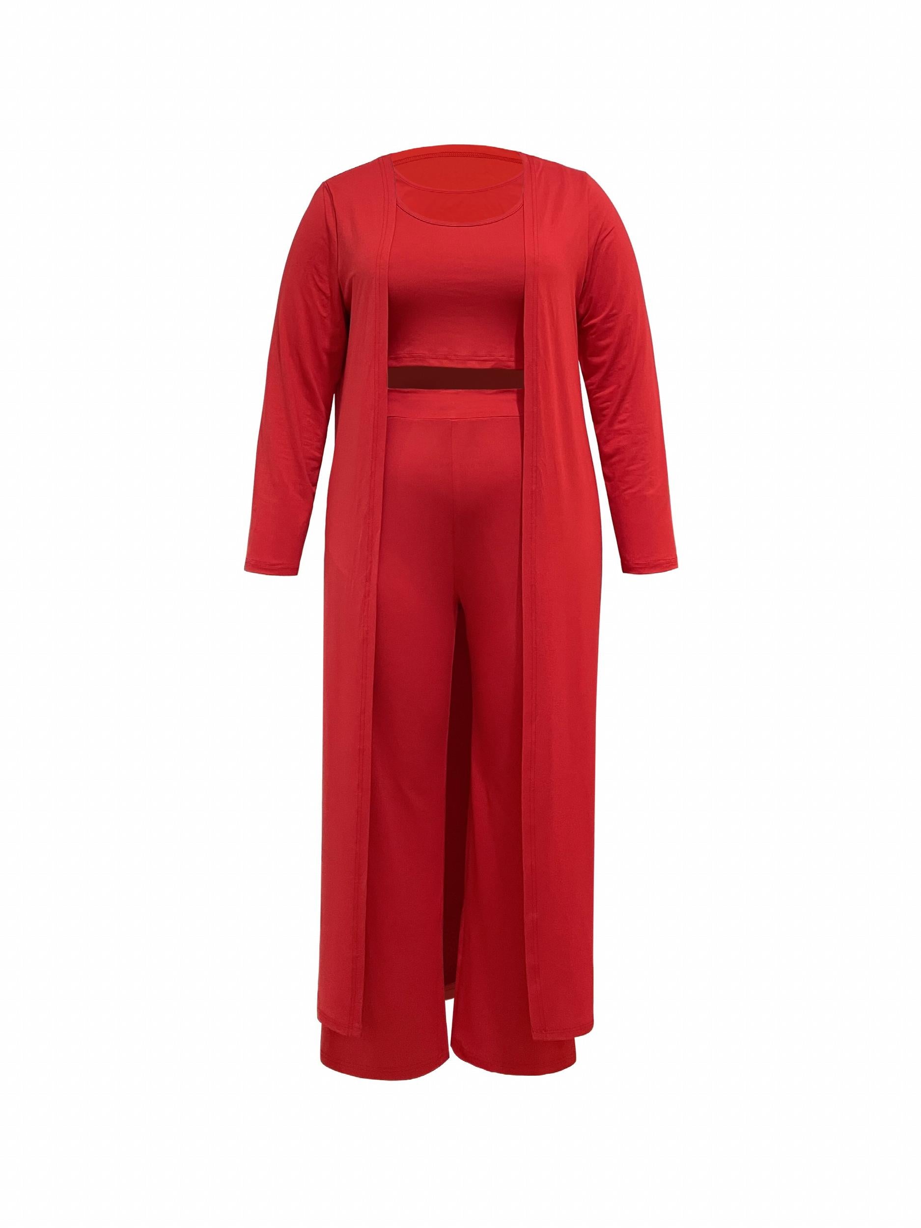 Solid Long Cardigan & Crop Tank Top & Leggings 3pc Set