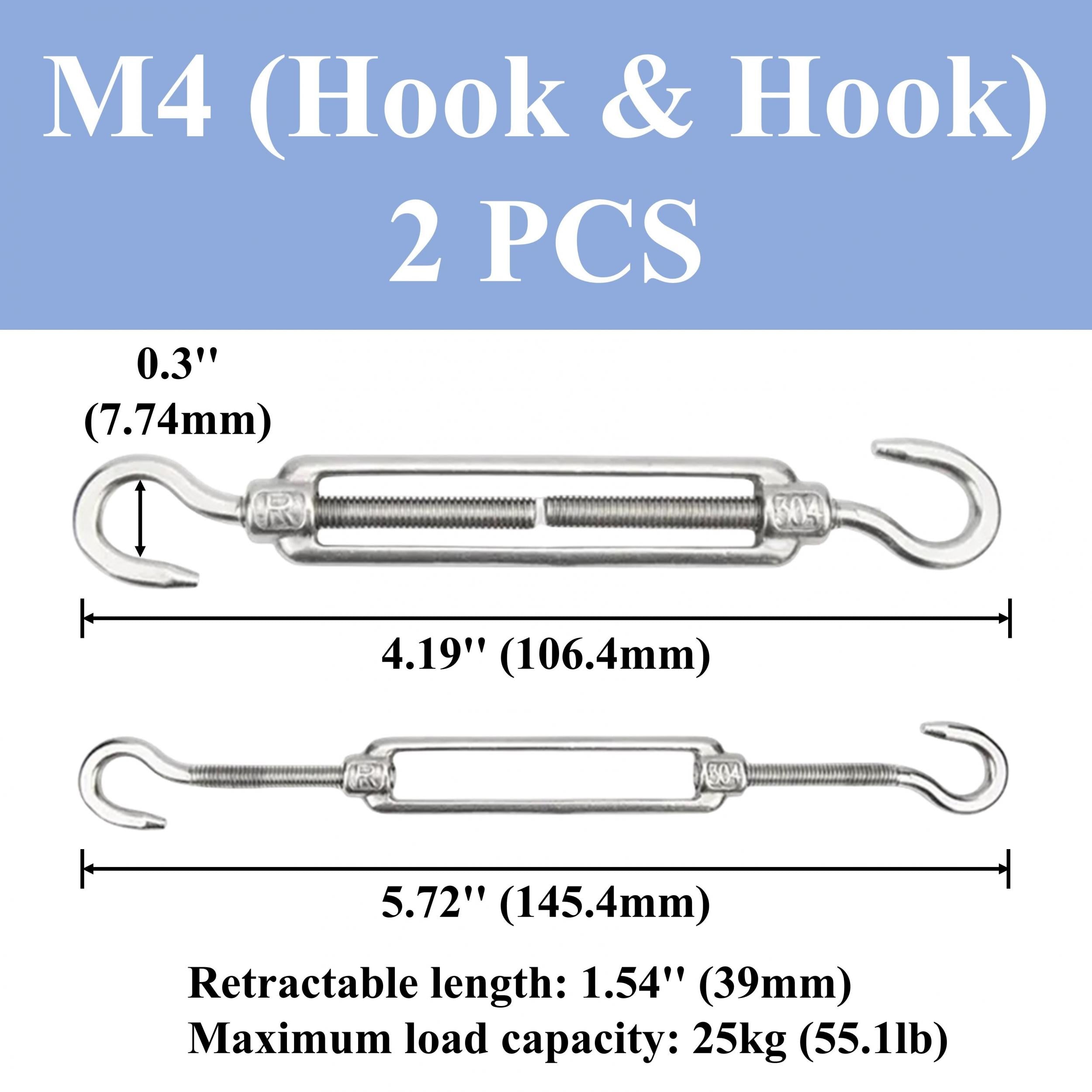 4pcs M4-M12 Hook And Hook Turnbuckle 304 Stainless Steel Wire Rope Tension