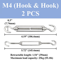 4pcs M4-M12 Hook And Hook Turnbuckle 304 Stainless Steel Wire Rope Tension