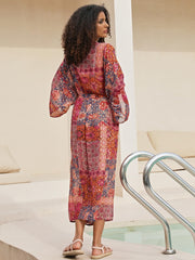 Floral Print Long Sleeve Plus Size Boho Cover Up Dress