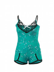Floral Print Pajama Set Lace Stitching Cami Top & Shorts