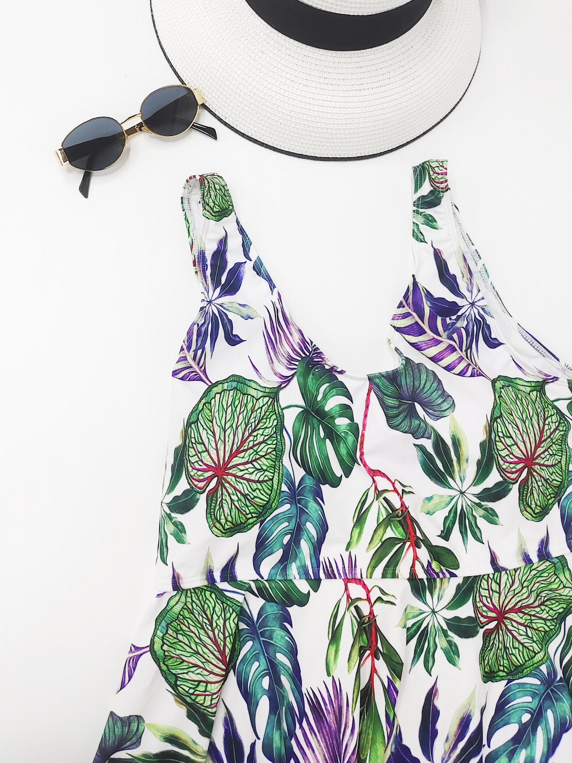 Boho Tropical Print Swimsuit Set Round Neck Pleated Tank Top & Underwe