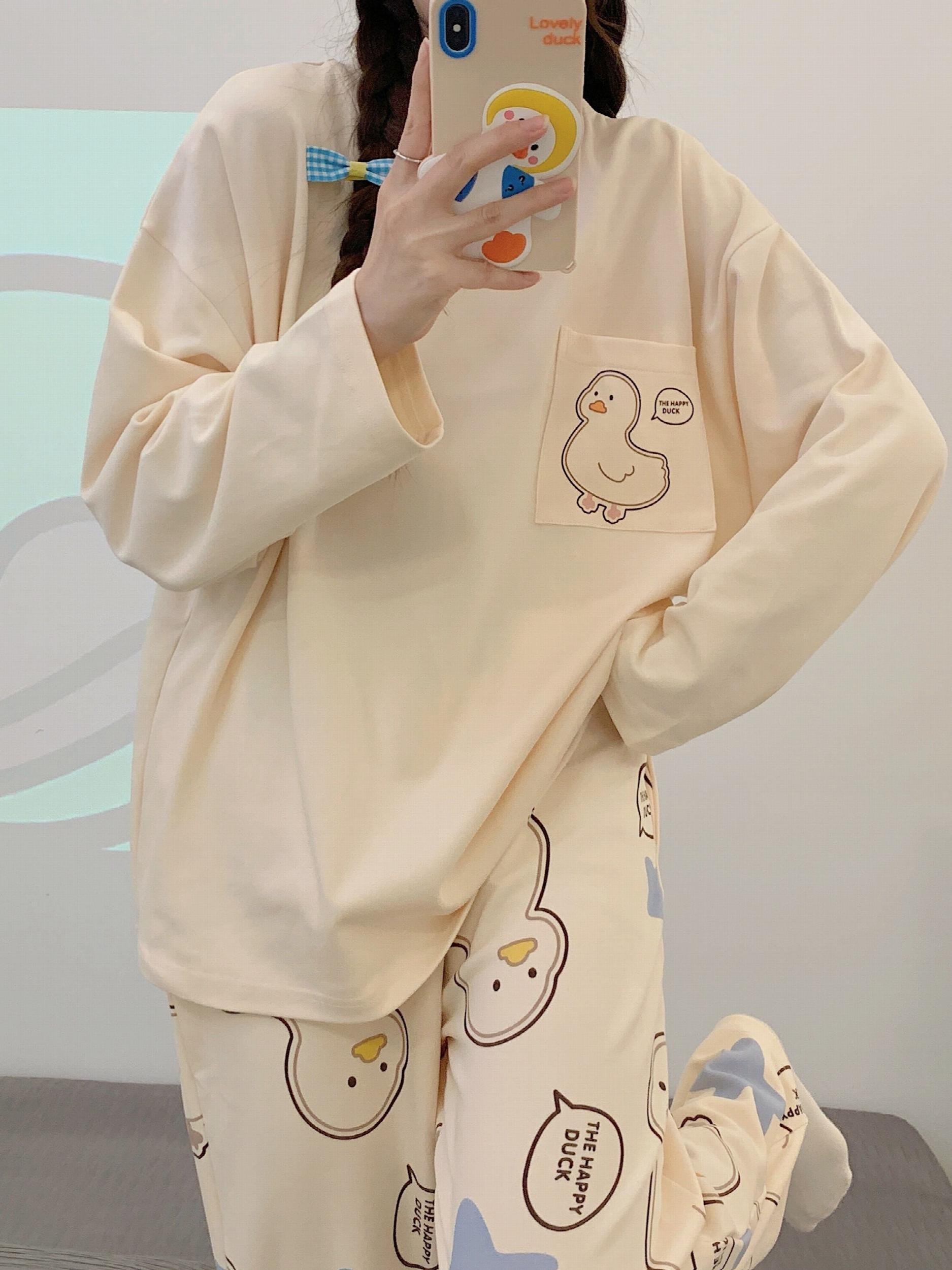 Duck Print Pajama Set Long Sleeve Top & Elastic Waistband Pants