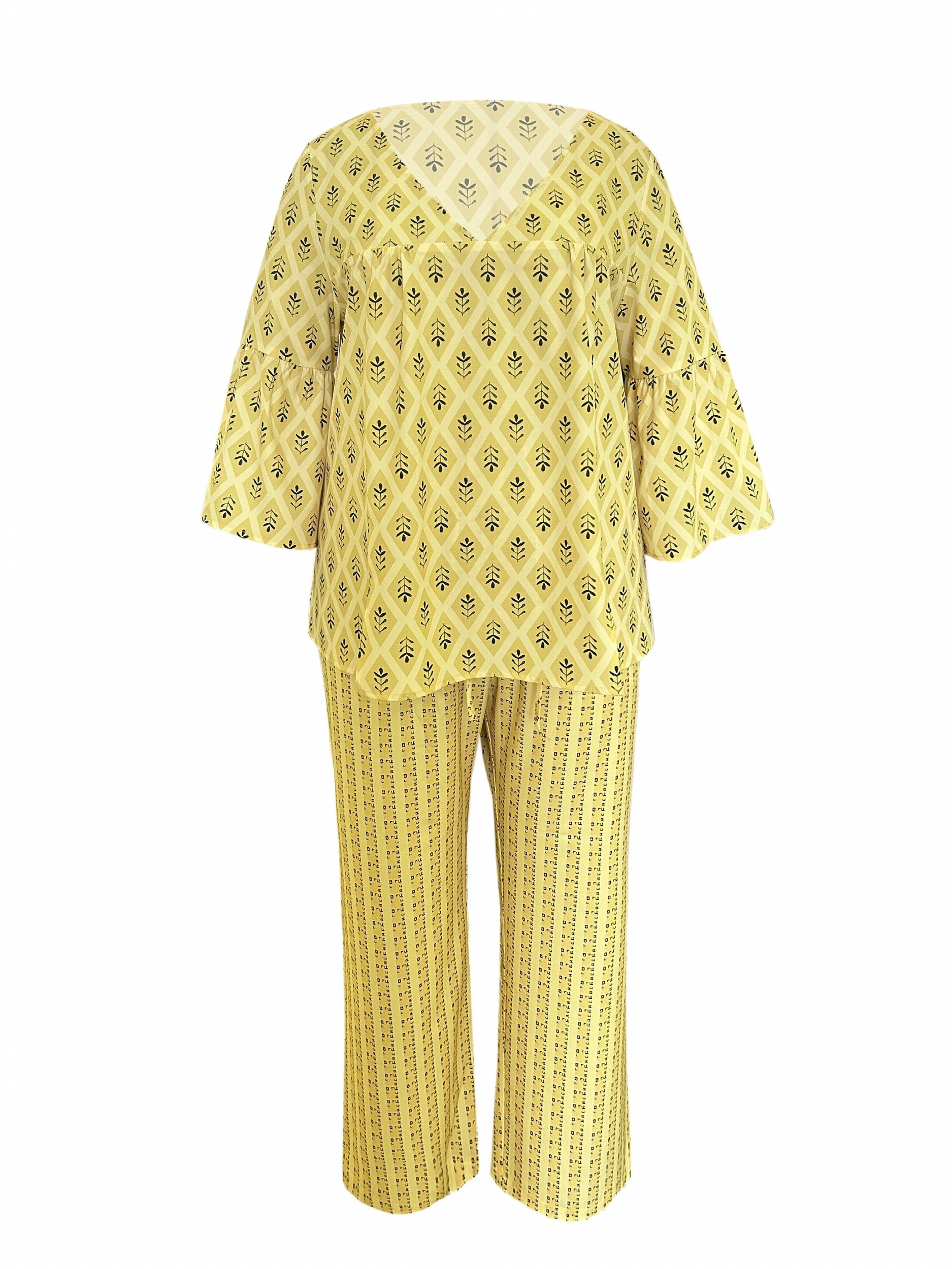 Leaf Print Bell Sleeve Top & Pants Set