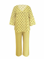 Leaf Print Bell Sleeve Top & Pants Set
