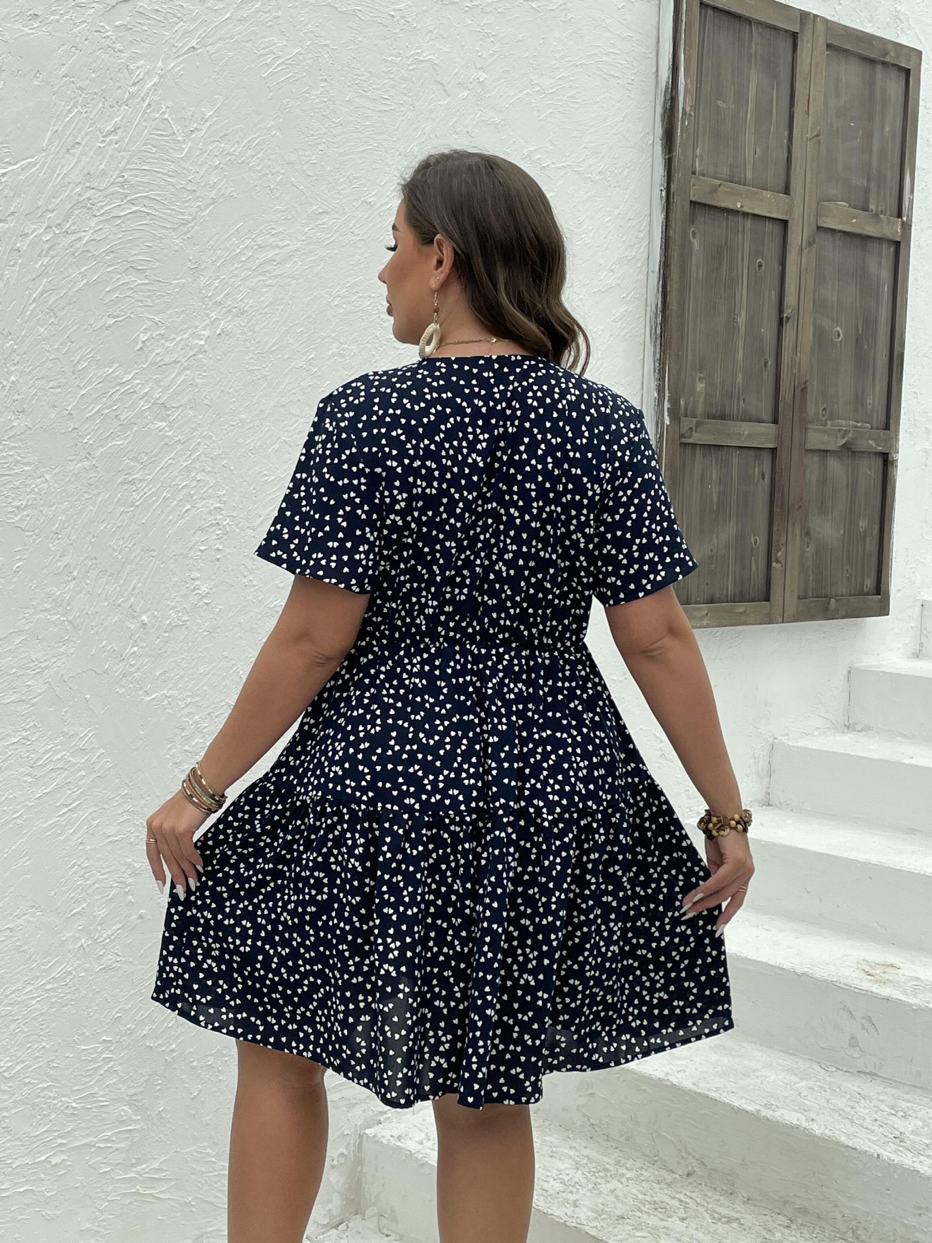 Pin Dots Print V Neck Midi Smock Dress