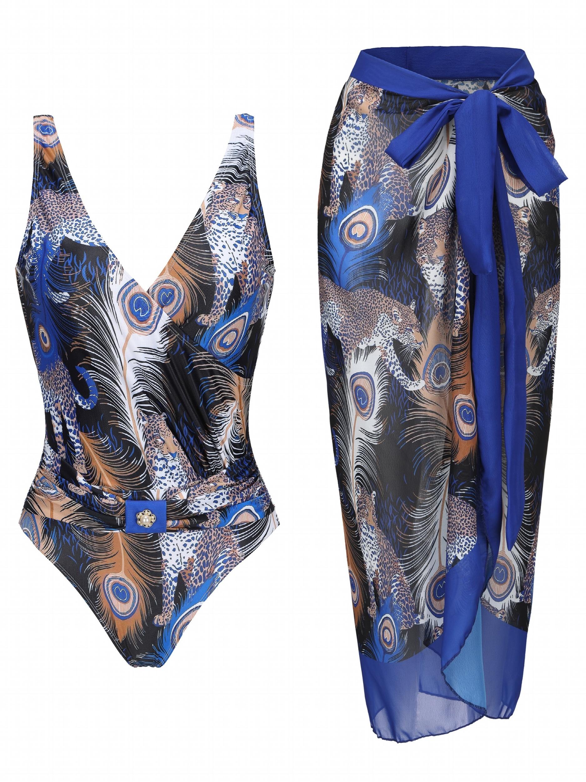 Animal Print Swimsuit Set with Cover Up Skirt