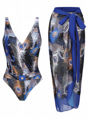 Animal Print Swimsuit Set with Cover Up Skirt