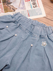 Girls' Beaded Denim Shorts Elastic Waist