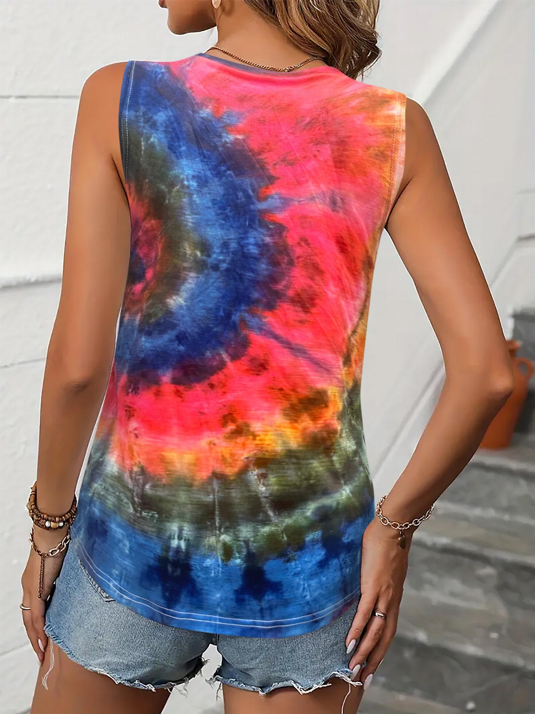 Tie Dye Print Pocket Tank Top V Neck Summer Sleeveless