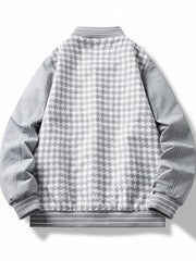 Checkerboard Pattern Varsity Jacket Men's Casual Baseball Collar Button Up Jacke