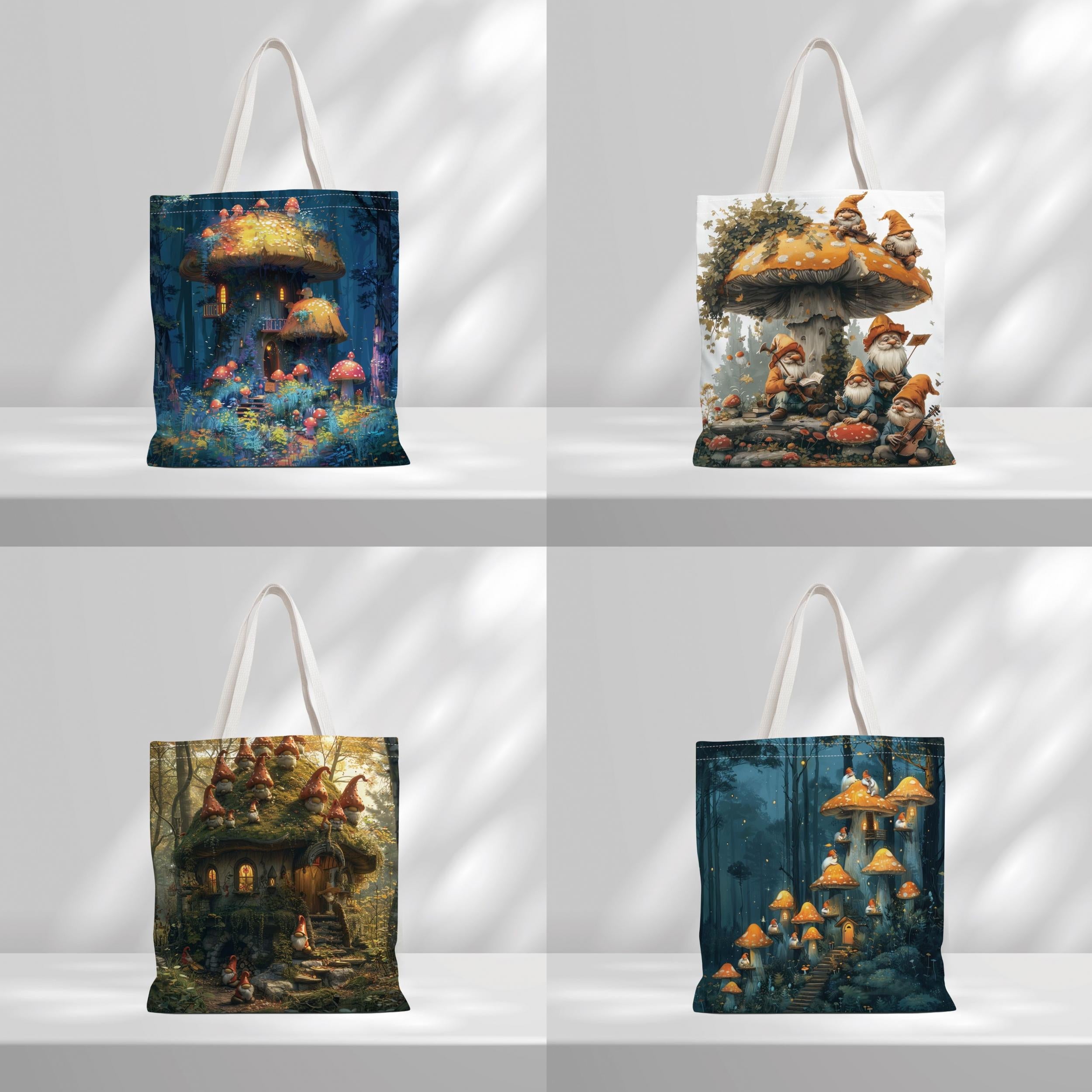 Mushroom House Pattern Tote Bag Durable Canvas Bag For Daily Commute