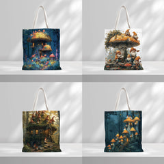 Mushroom House Pattern Tote Bag Durable Canvas Bag For Daily Commute