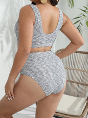 Retro Tankini Set Women's Plus Textured Tank Top & Panty Swimsuit