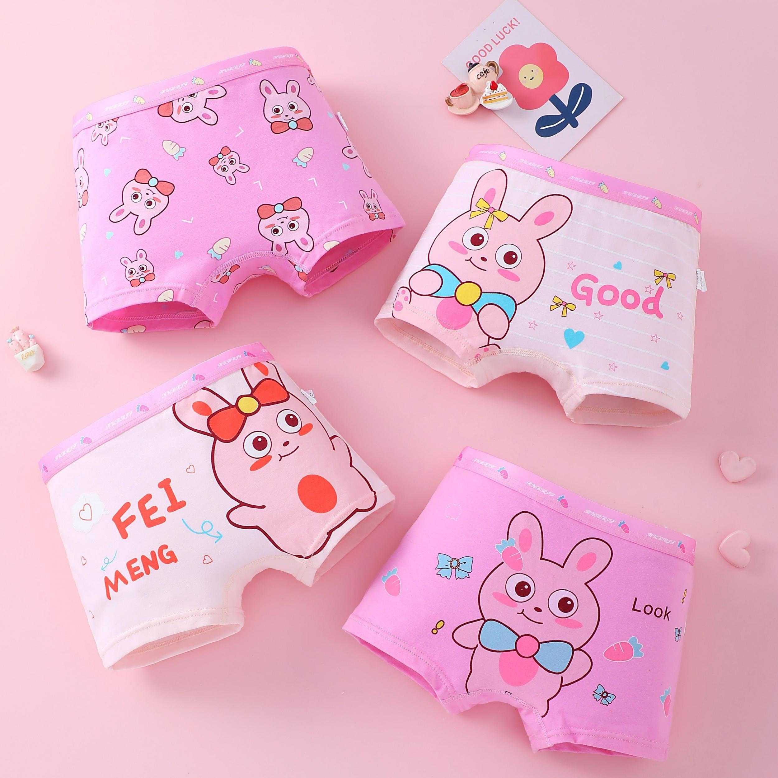 4pcs Girl's Boxer Briefs Rabbit Print Elastic Waist Shorts Cotton Soft Underwear