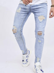Men's Ripped Cotton Jeans, Street Style Denim Pants