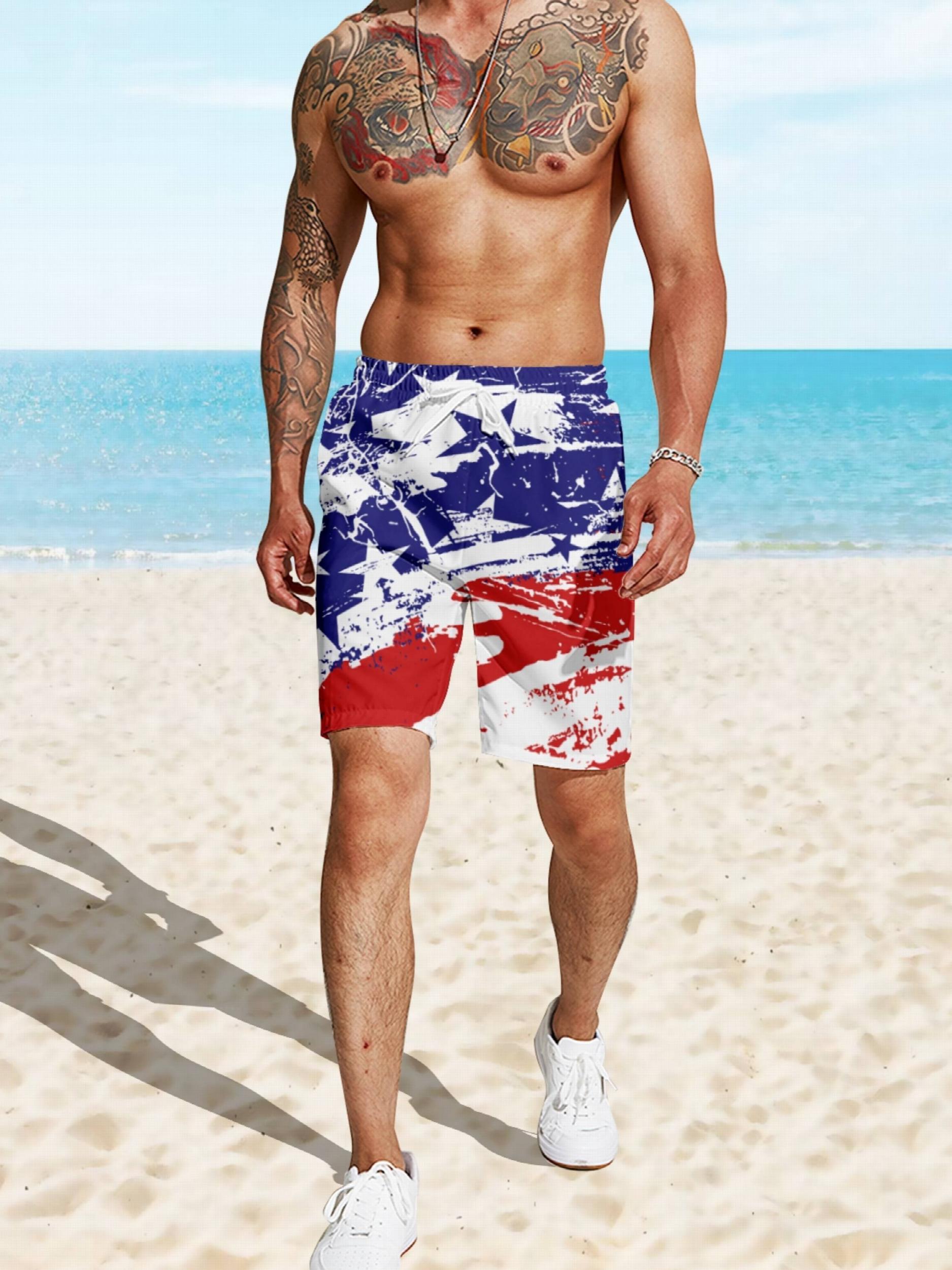 Star & Stripe Print Shorts - Drawstring Summer Beach Shorts