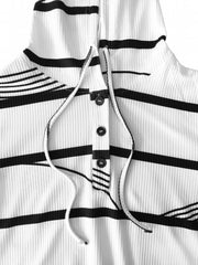 Stripe Print Drawstring Hoodie Button Front Long Sleeve Hoodies