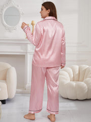 Striped Satin Pajama Set Long Sleeve Button Shirt & Pants Lounge 2 Pie