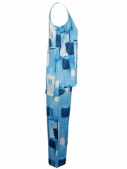 Patchwork Print Two piece Set Casual Sleeveless Tank Top & Wide Leg Pants