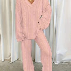 Solid Cable Knit Top & Pants Casual Outfit Set