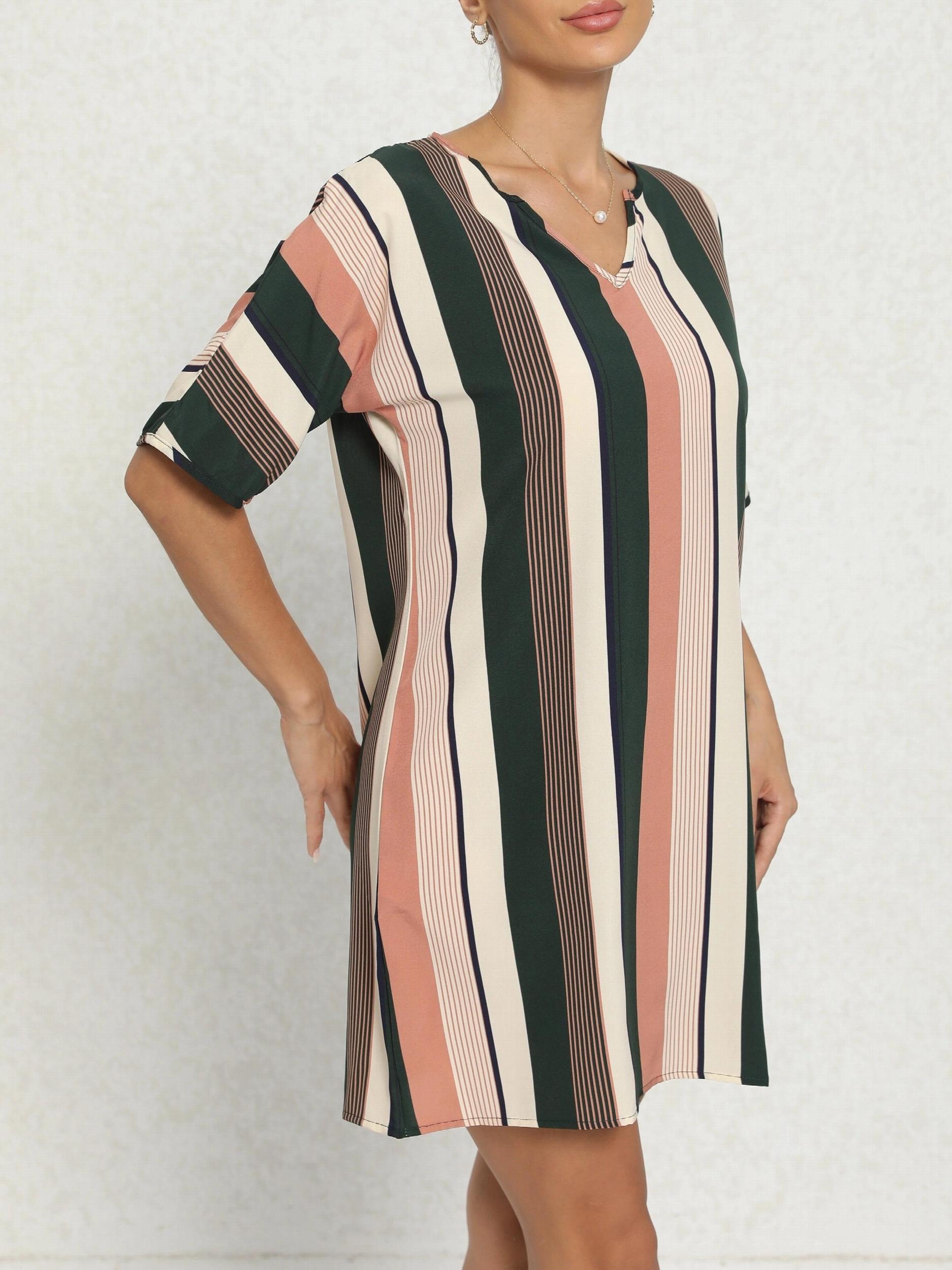 Stripe Print Batwing Sleeve Notched Neck Mini Dress