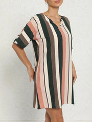 Stripe Print Batwing Sleeve Notched Neck Mini Dress