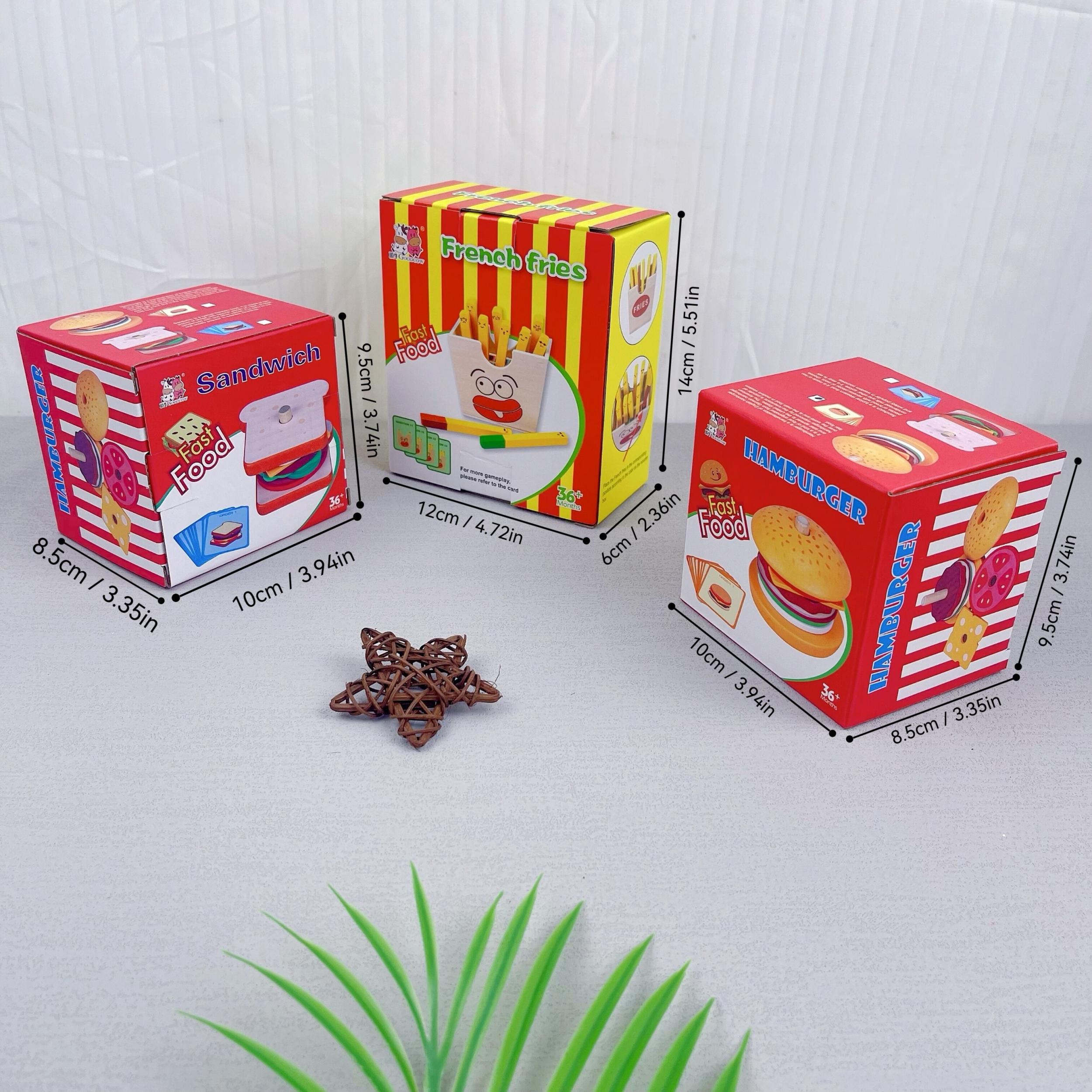 Wooden Pretend Play Food Set Hamburger Fries & Sandwich Kitchen Role Play Toys