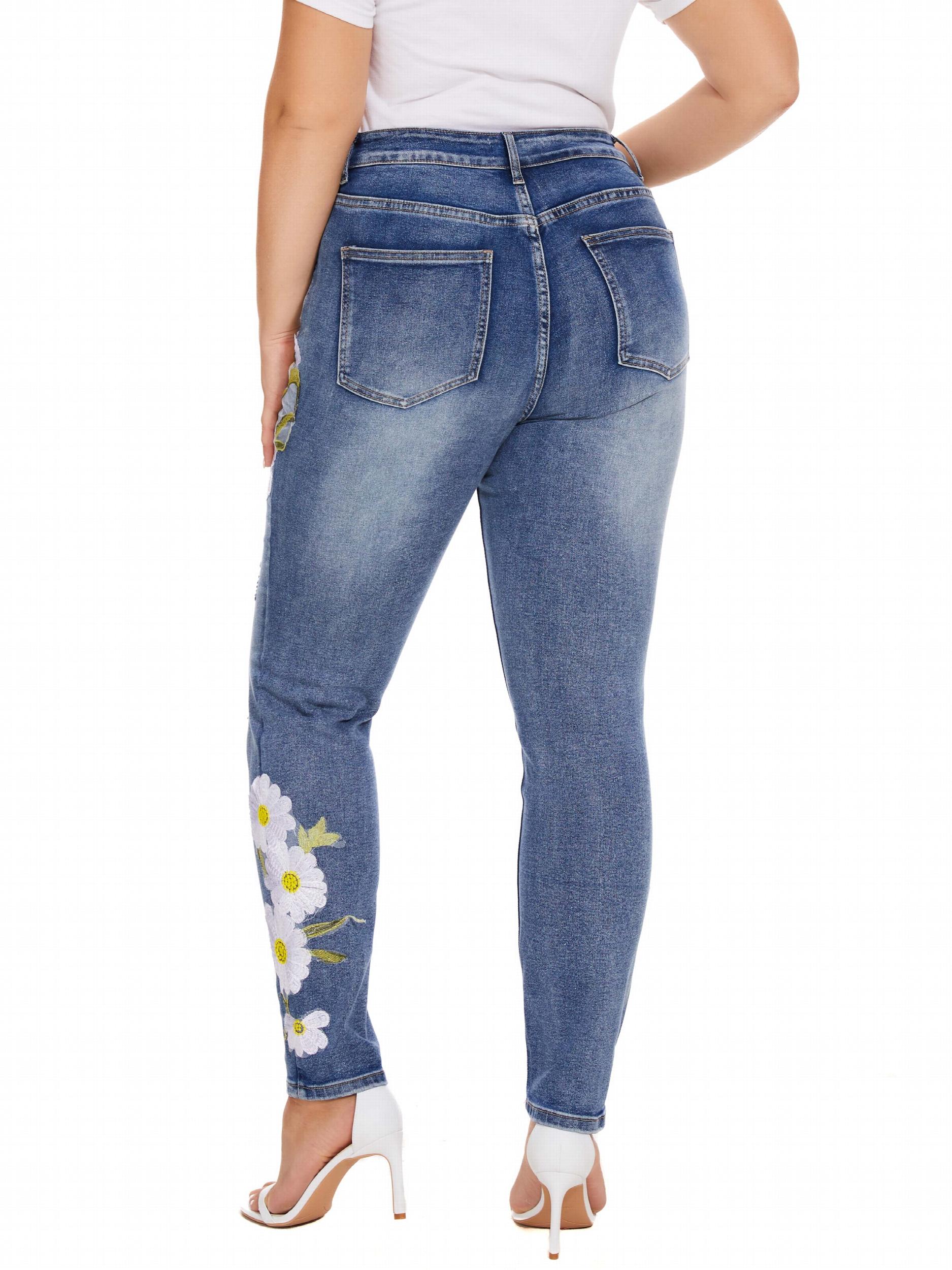 Washed Ripped Floral Embroidery High Stretch Jeans