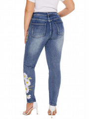Washed Ripped Floral Embroidery High Stretch Jeans