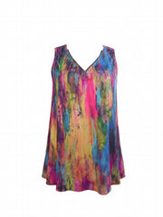 Vintage Tie Dye Sleeveless Top V Neck Zipper Summer Women's Clothing